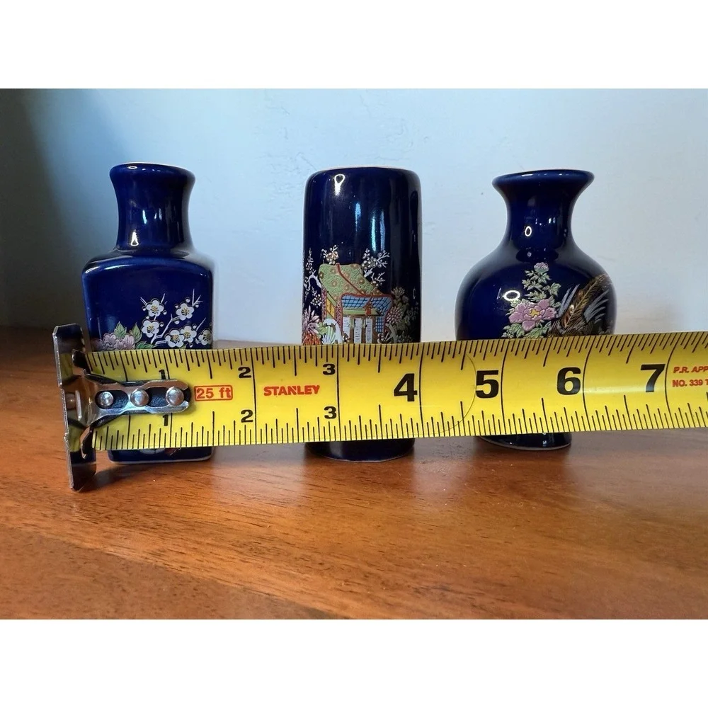 Vintage Toyo Japanese Mini Vases Cobalt Blue with Gold Trim Kutani Style Set 3
